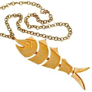 Vintage 70s Gold Tone Fishbone Necklace Articulated Modernist Statement Jewelry